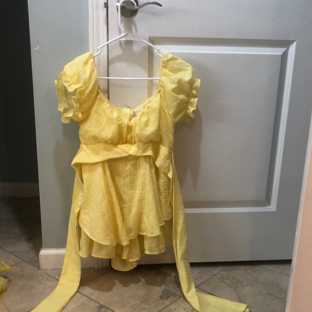 Altar'd State Yellow Babydoll Mini Dress Puff Sleeves